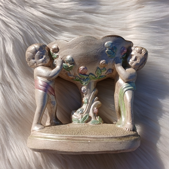 Cherub Cherubim Vintage Chalkware Pedestal Trinket Soap Dish Cherubs Pastel vtg - Picture 4 of 7